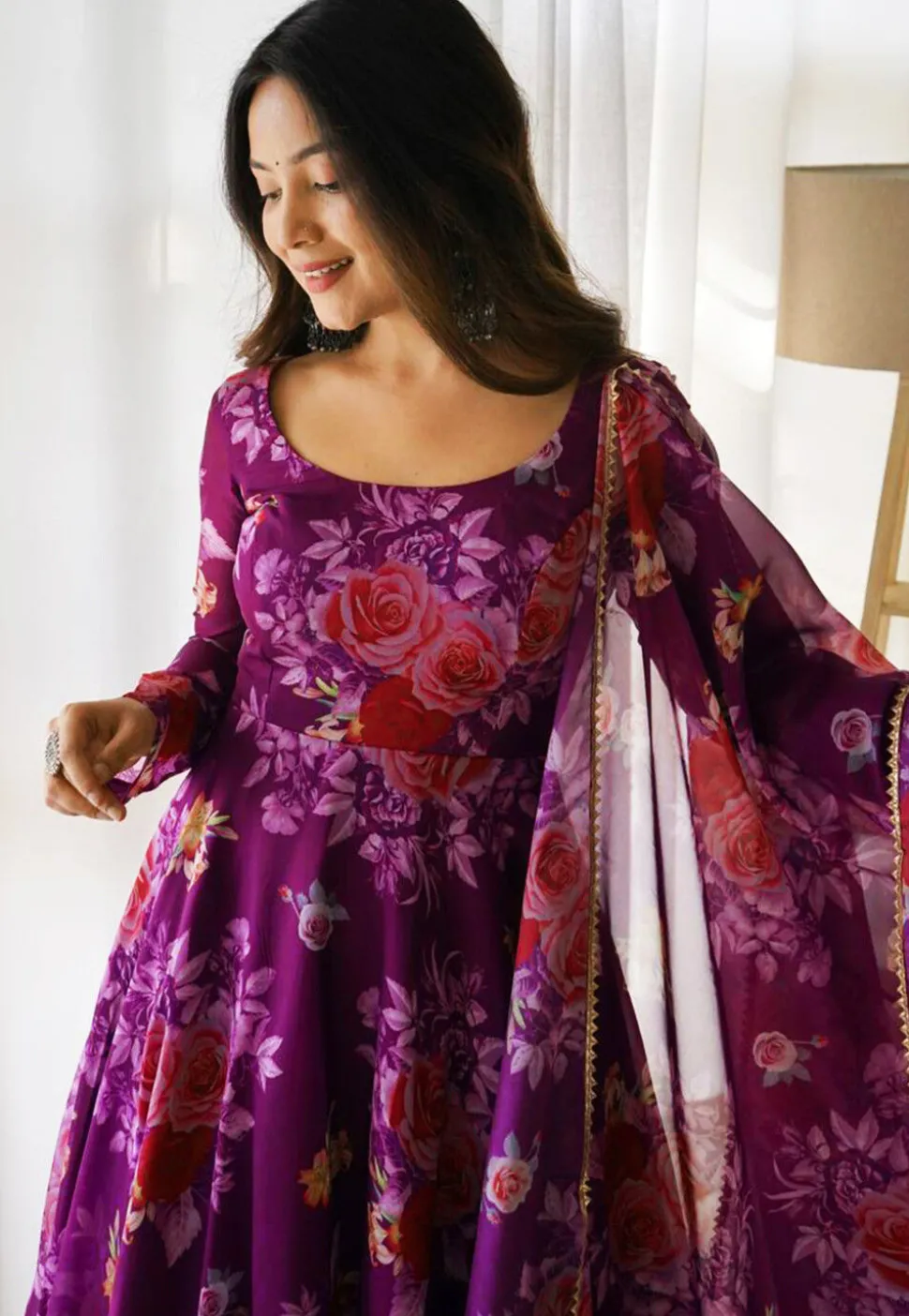 Digital Printed Organza Abaya Style Suit in Purple