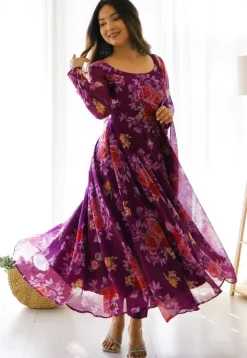 Digital Printed Organza Abaya Style Suit in Purple