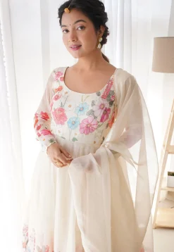 Digital Printed Organza Anarkali Suit in Cream