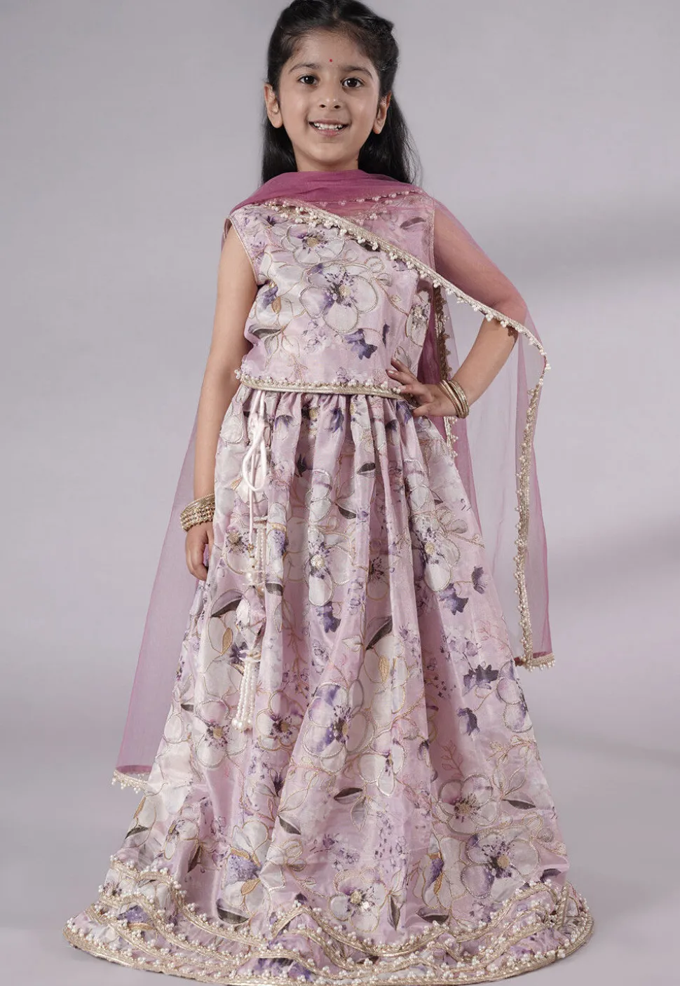 Digital Printed Organza Art Silk Lehenga in Pink