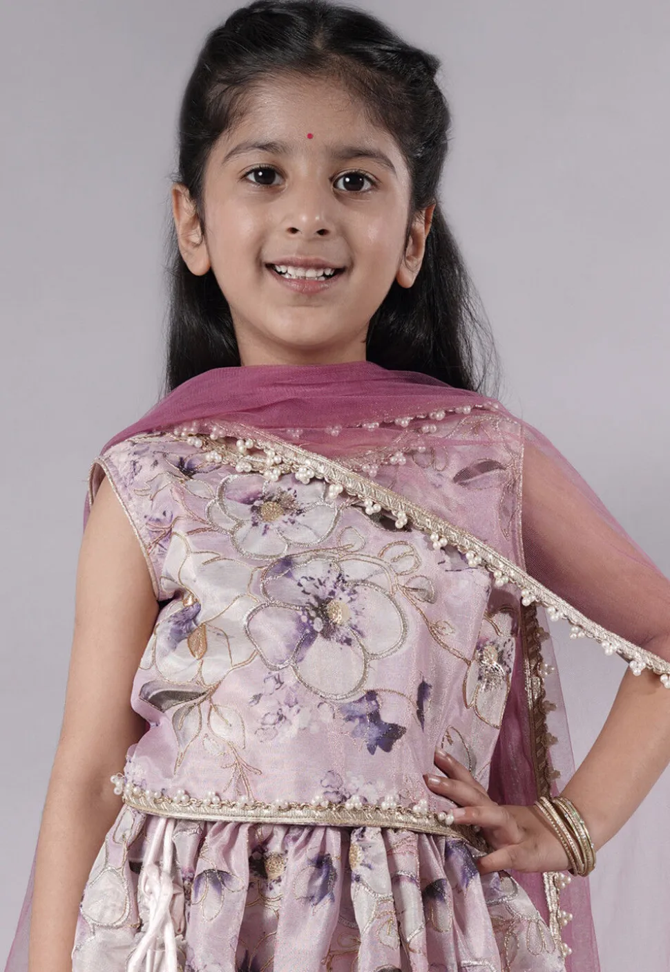 Digital Printed Organza Art Silk Lehenga in Pink