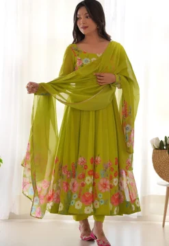 Digital Printed Organza Anarkali Suit in Light Green