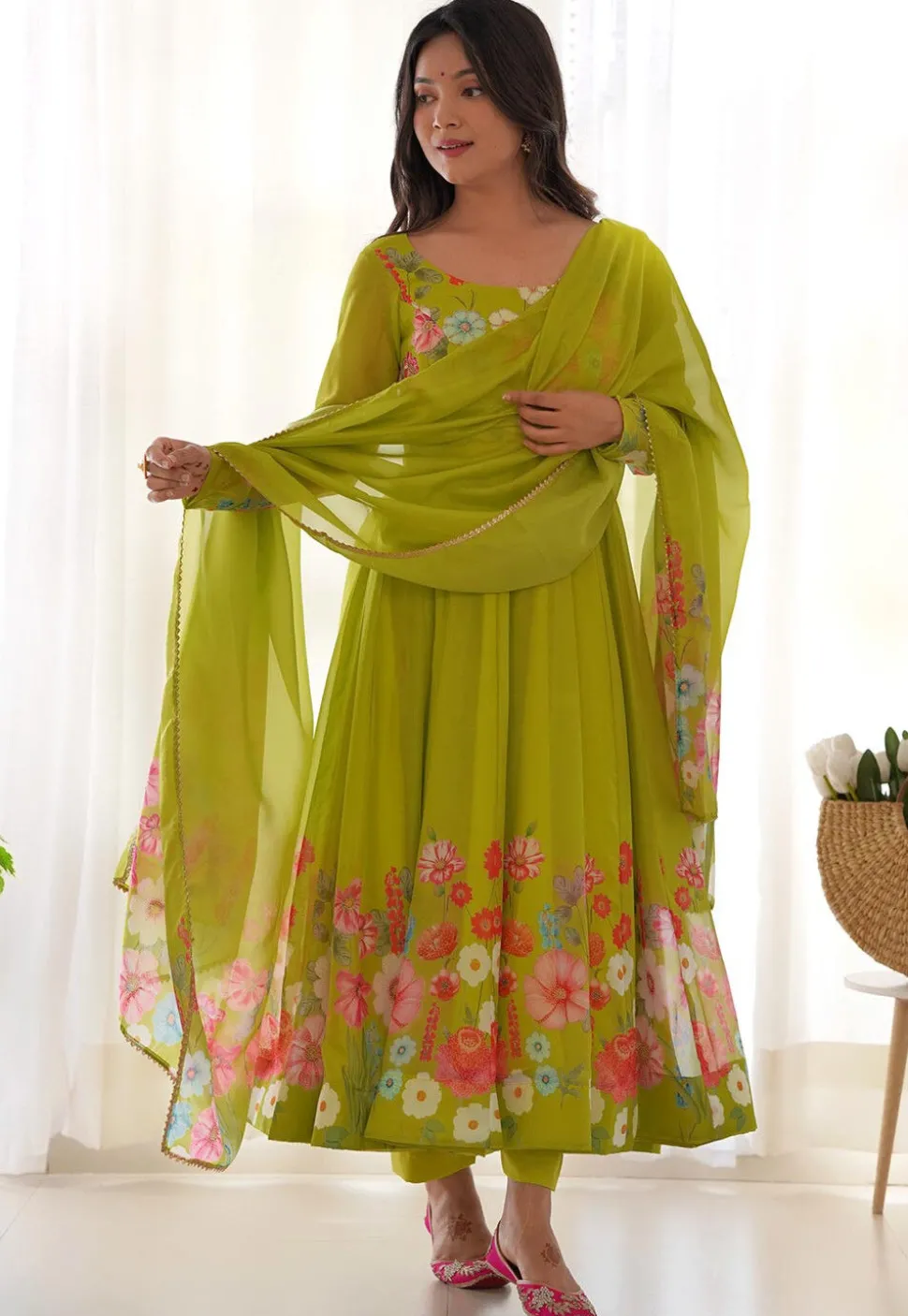 Digital Printed Organza Anarkali Suit in Light Green