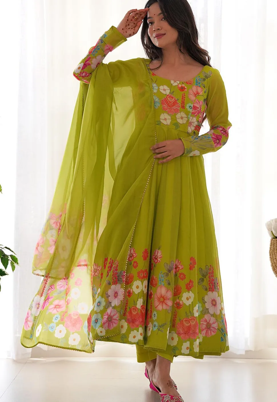 Digital Printed Organza Anarkali Suit in Light Green