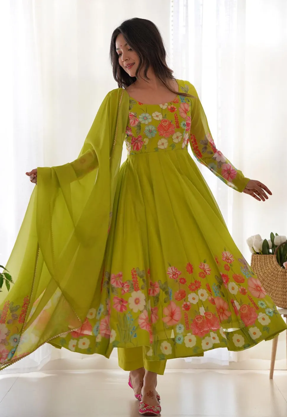 Digital Printed Organza Anarkali Suit in Light Green