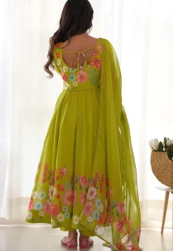 Digital Printed Organza Anarkali Suit in Light Green