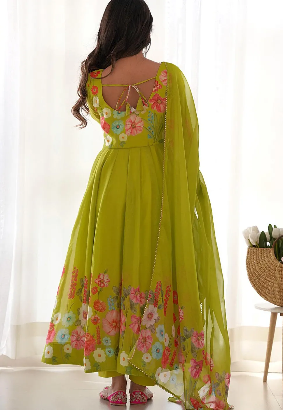 Digital Printed Organza Anarkali Suit in Light Green