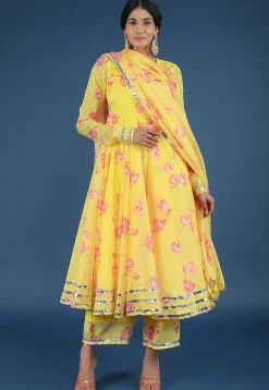 Digital Printed Organza A Line Suit in Yellow