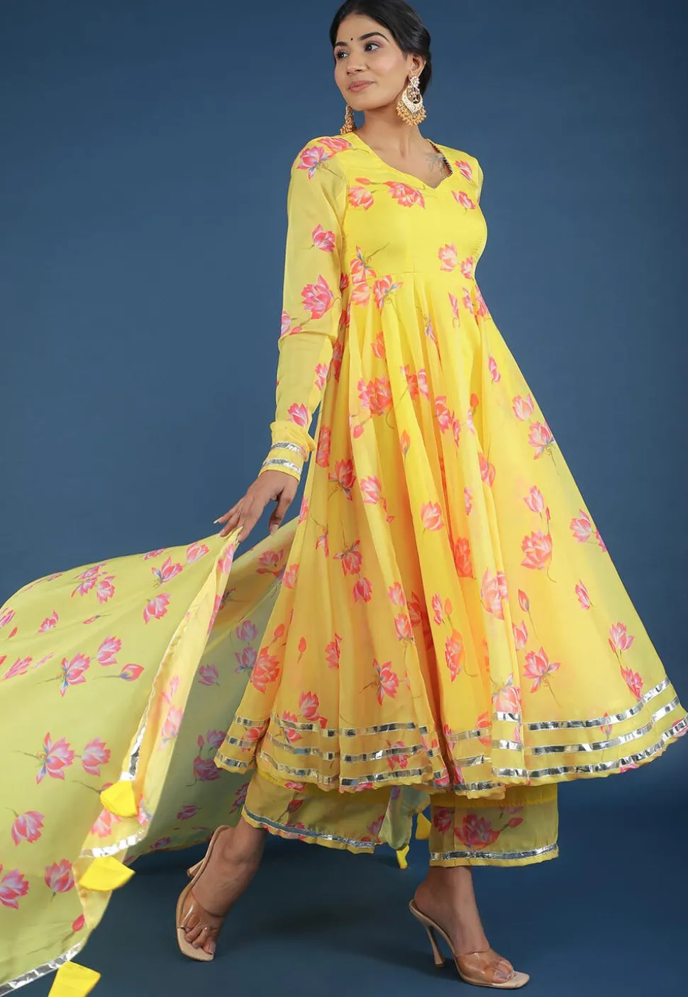 Digital Printed Organza A Line Suit in Yellow