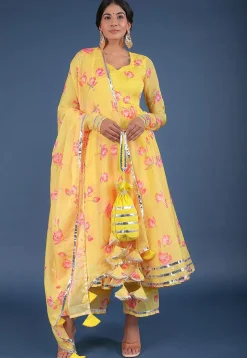 Digital Printed Organza A Line Suit in Yellow