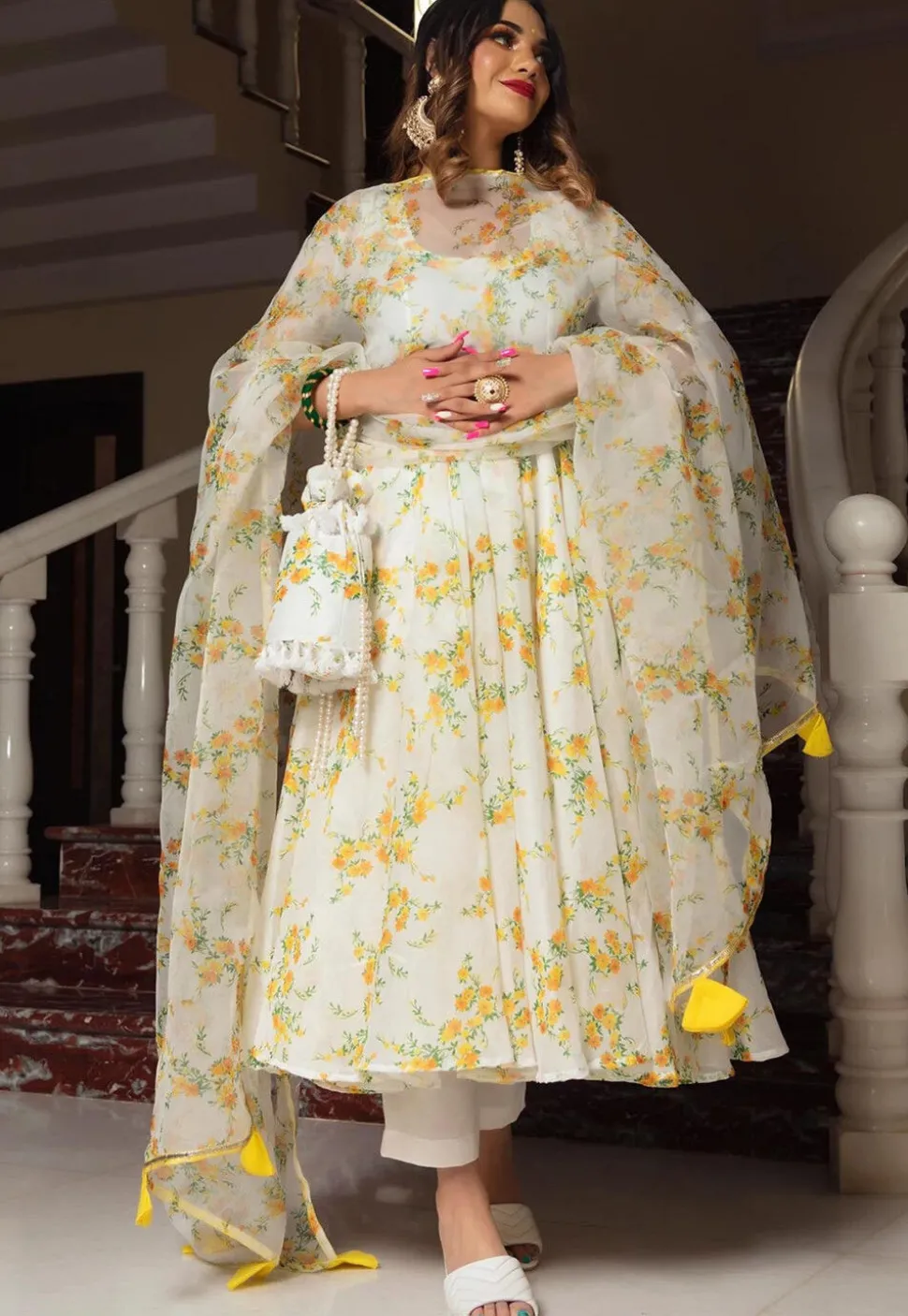 Digital Printed Organza A Line Suit in White