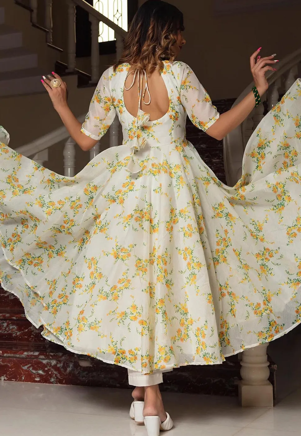 Digital Printed Organza A Line Suit in White