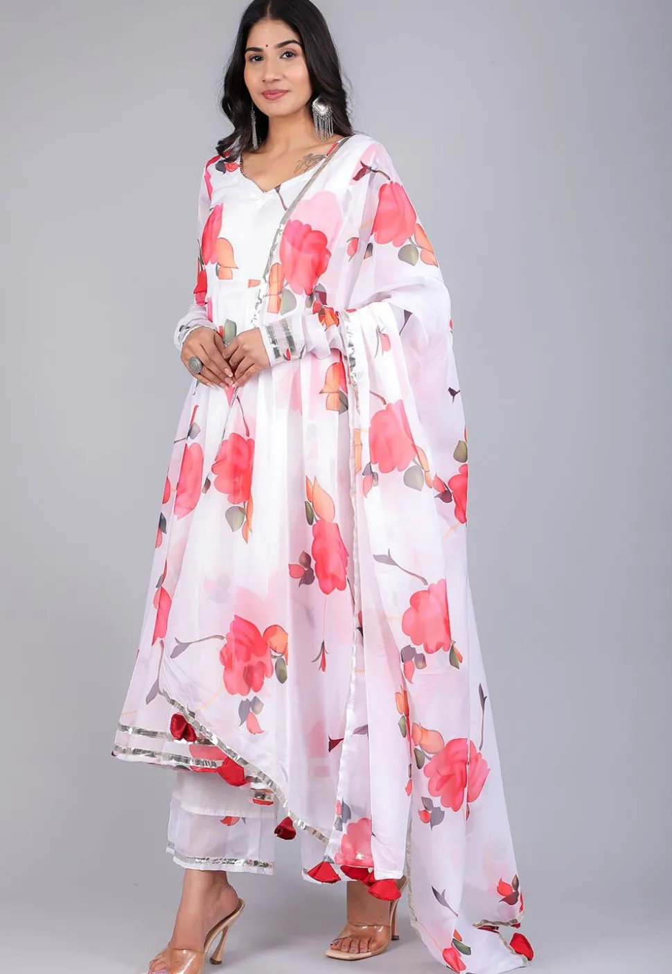 Digital Printed Organza A Line Suit in White