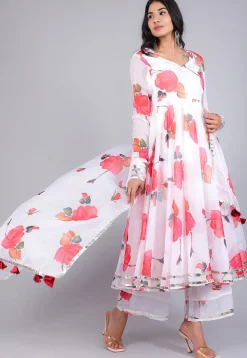 Digital Printed Organza A Line Suit in White
