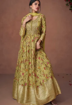 Digital Printed Organza Abaya Style Kameez in Olive Green