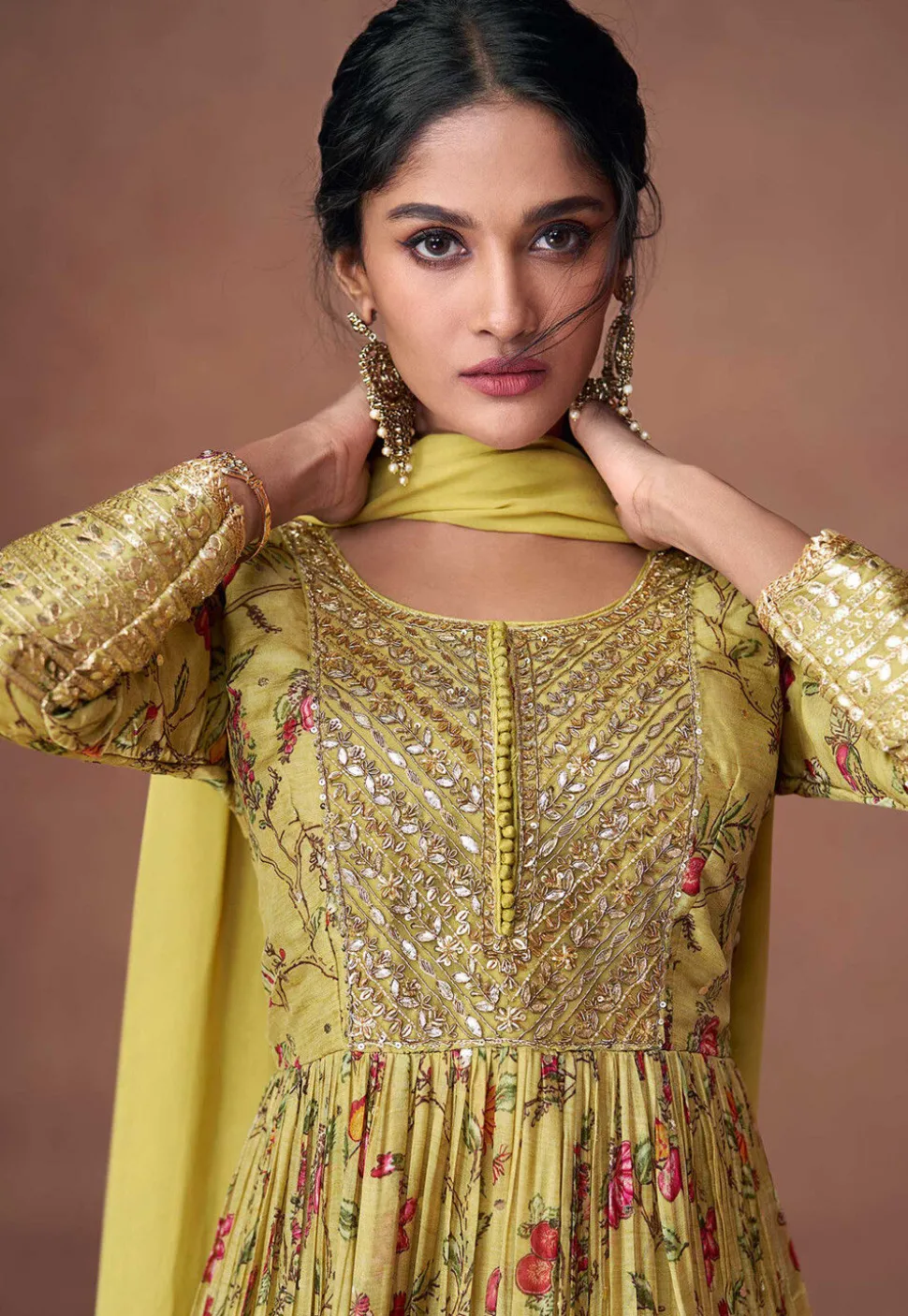 Digital Printed Organza Abaya Style Kameez in Olive Green