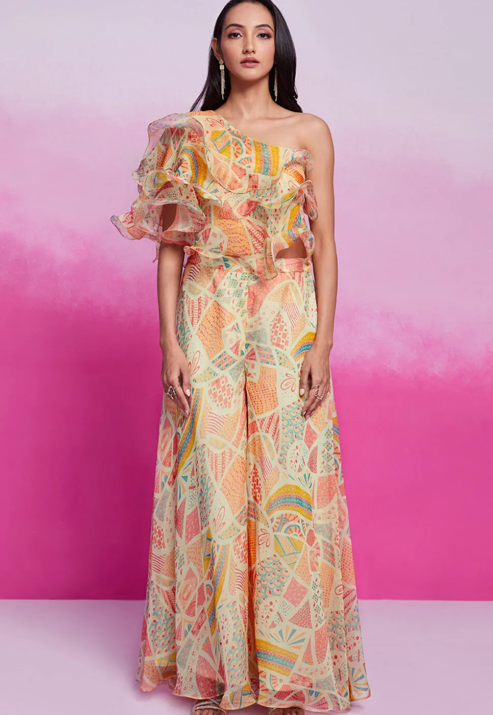 Digital Printed Organza Co Ord Set in Light Beige
