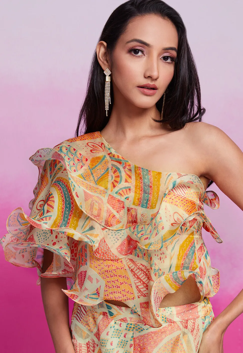 Digital Printed Organza Co Ord Set in Light Beige