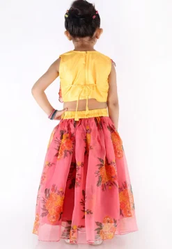 Digital Printed Organza Crop Top N Skirt in Pink and Yellow