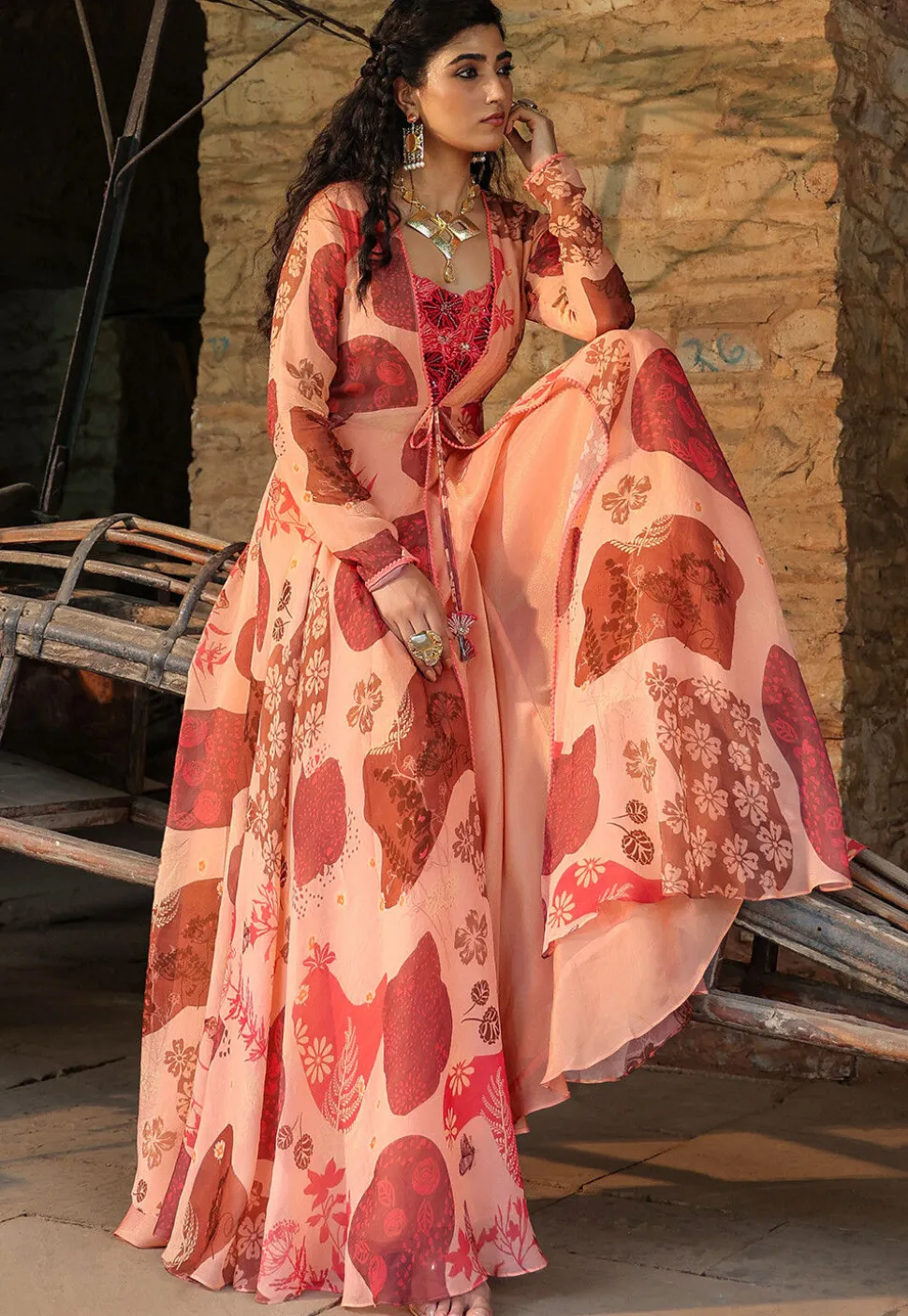 Digital Printed Organza Crop Top Set in Peach