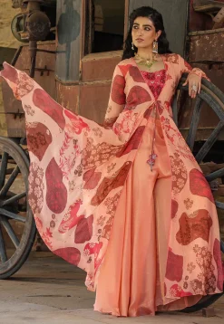 Digital Printed Organza Crop Top Set in Peach