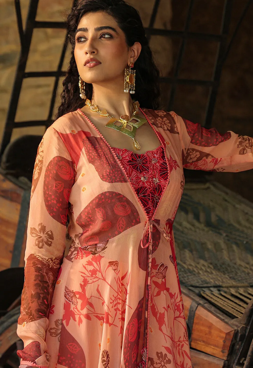 Digital Printed Organza Crop Top Set in Peach