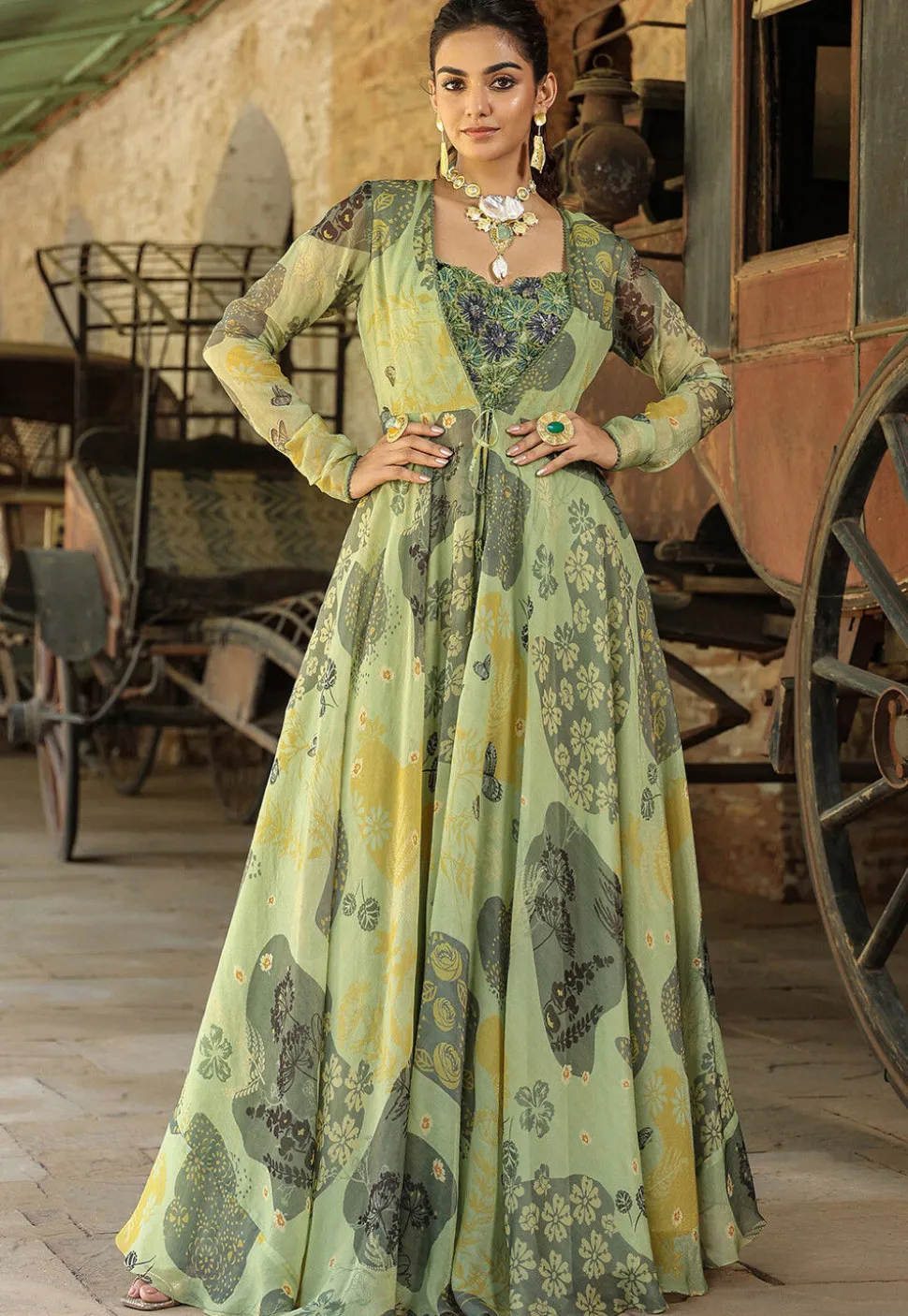 Digital Printed Organza Crop Top Set in Dusty Green