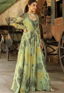 Digital Printed Organza Crop Top Set in Dusty Green