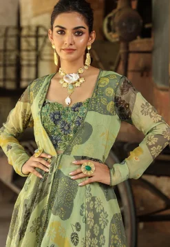 Digital Printed Organza Crop Top Set in Dusty Green