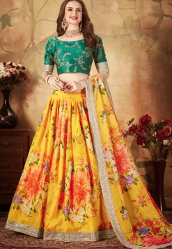 Digital Printed Organza Lehenga in Mustard