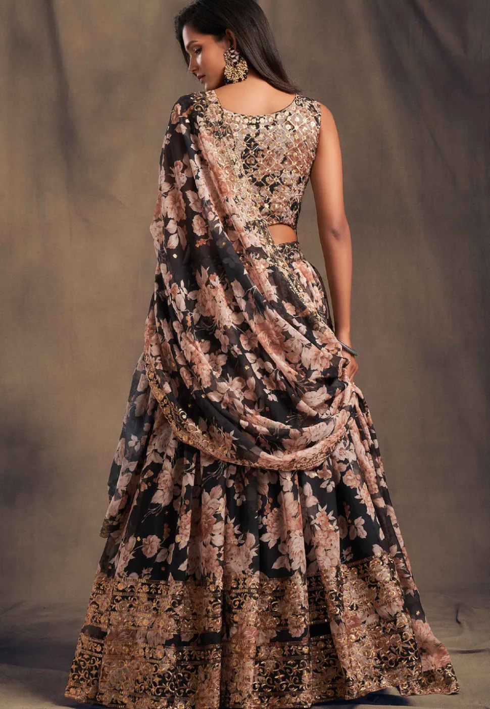 Digital Printed Organza Lehenga in Black