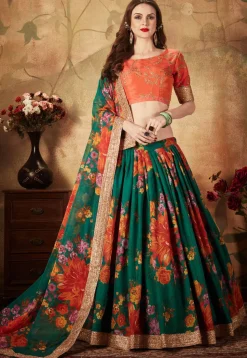 Digital Printed Organza Lehenga in Teal Green