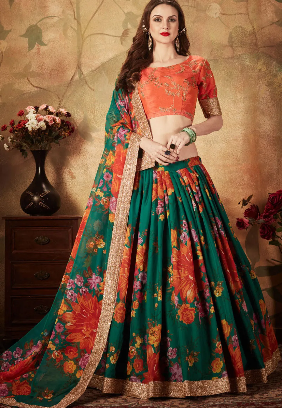 Digital Printed Organza Lehenga in Teal Green