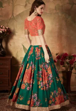 Digital Printed Organza Lehenga in Teal Green