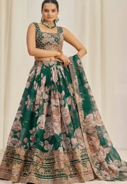 Digital Printed Organza Lehenga in Teal Green