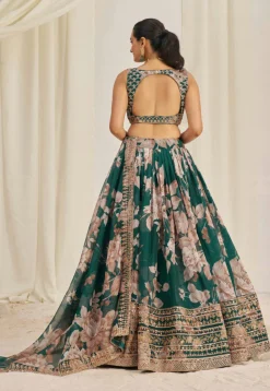 Digital Printed Organza Lehenga in Teal Green