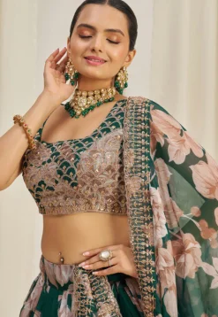 Digital Printed Organza Lehenga in Teal Green