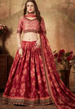Digital Printed Organza Lehenga in Maroon