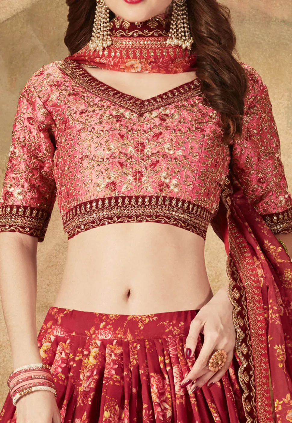Digital Printed Organza Lehenga in Maroon
