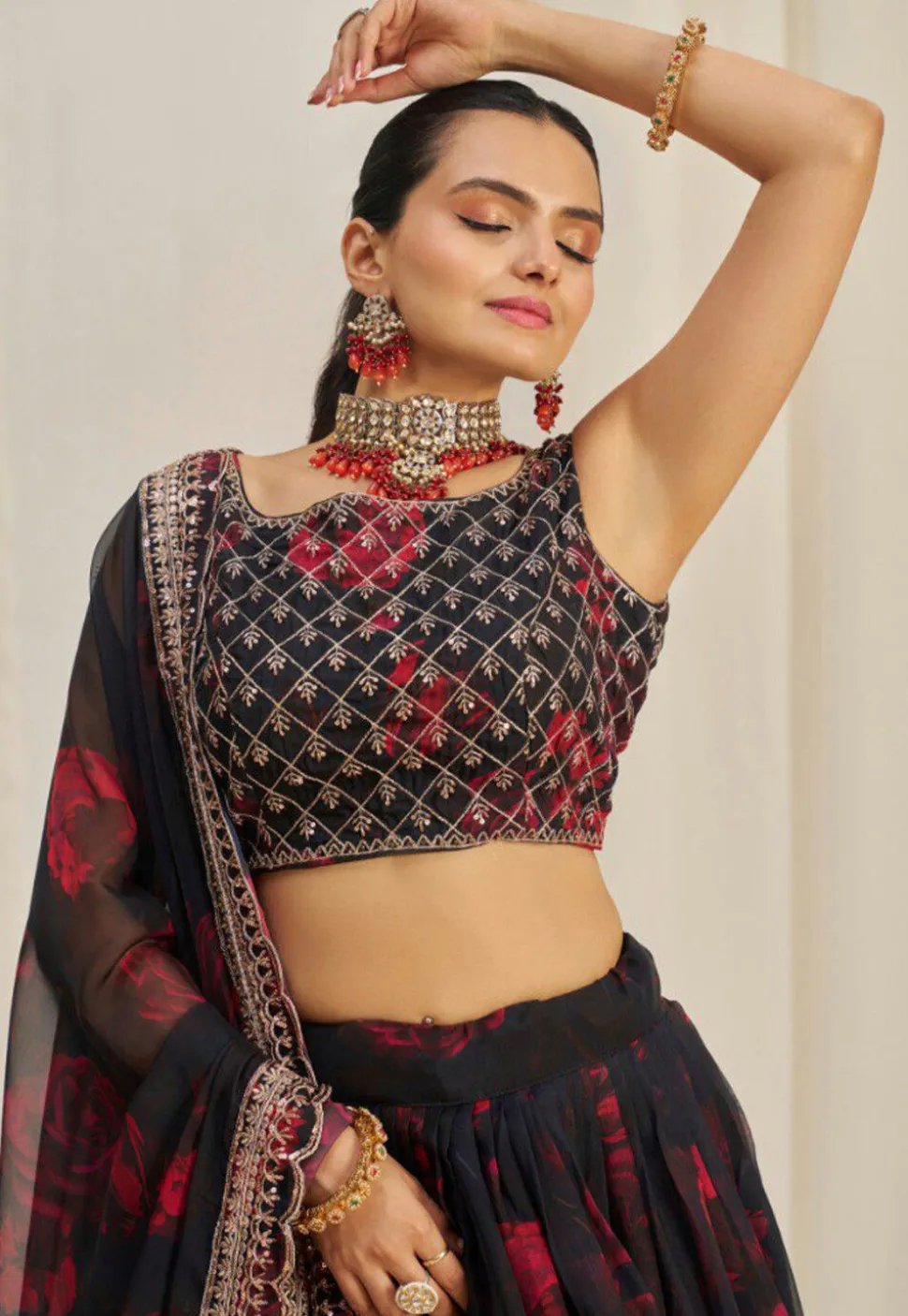 Digital Printed Organza Lehenga in Black