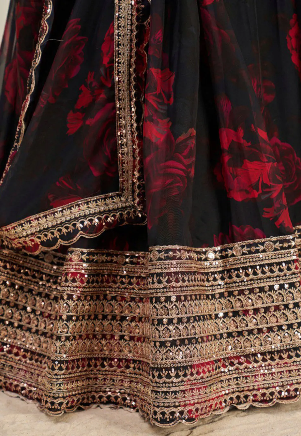 Digital Printed Organza Lehenga in Black