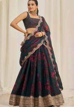 Digital Printed Organza Lehenga in Dark Teal Blue
