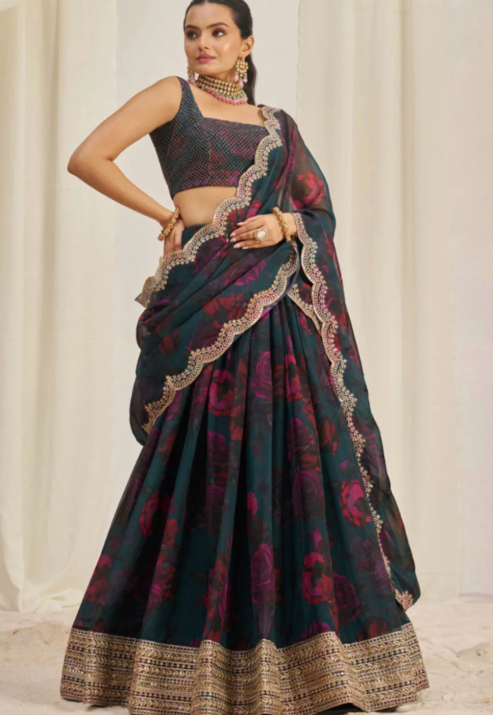 Digital Printed Organza Lehenga in Dark Teal Blue