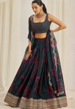 Digital Printed Organza Lehenga in Dark Teal Blue