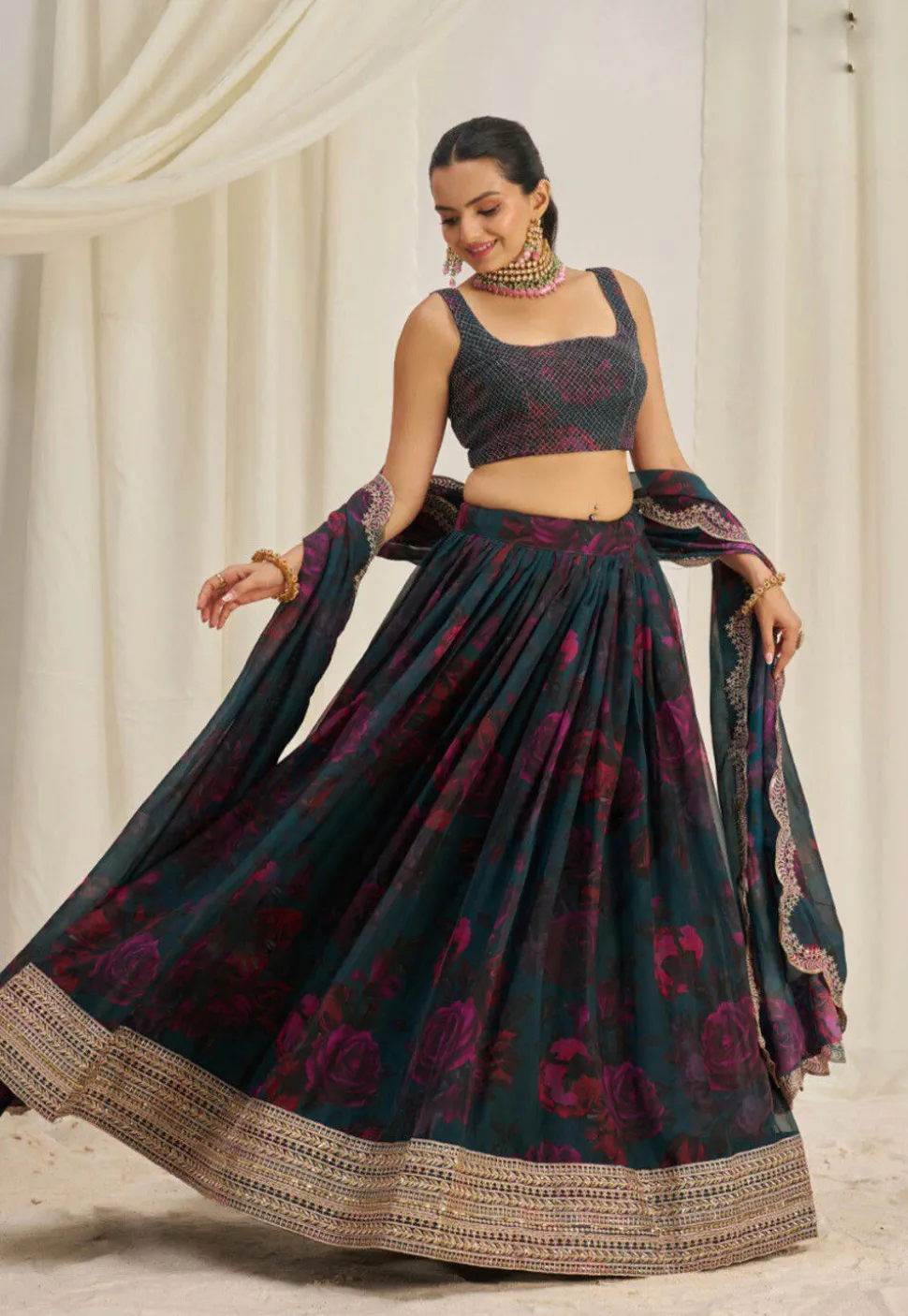 Digital Printed Organza Lehenga in Dark Teal Blue