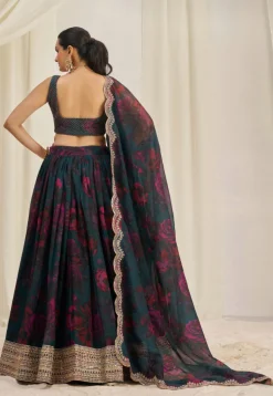 Digital Printed Organza Lehenga in Dark Teal Blue
