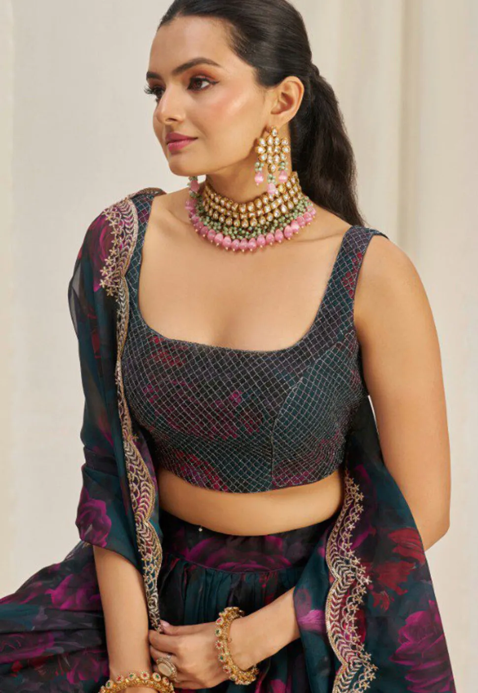 Digital Printed Organza Lehenga in Dark Teal Blue