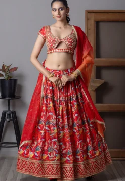 Digital Printed Organza Lehenga in Red