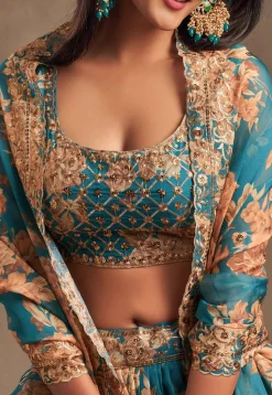 Digital Printed Organza Lehenga in Teal Blue