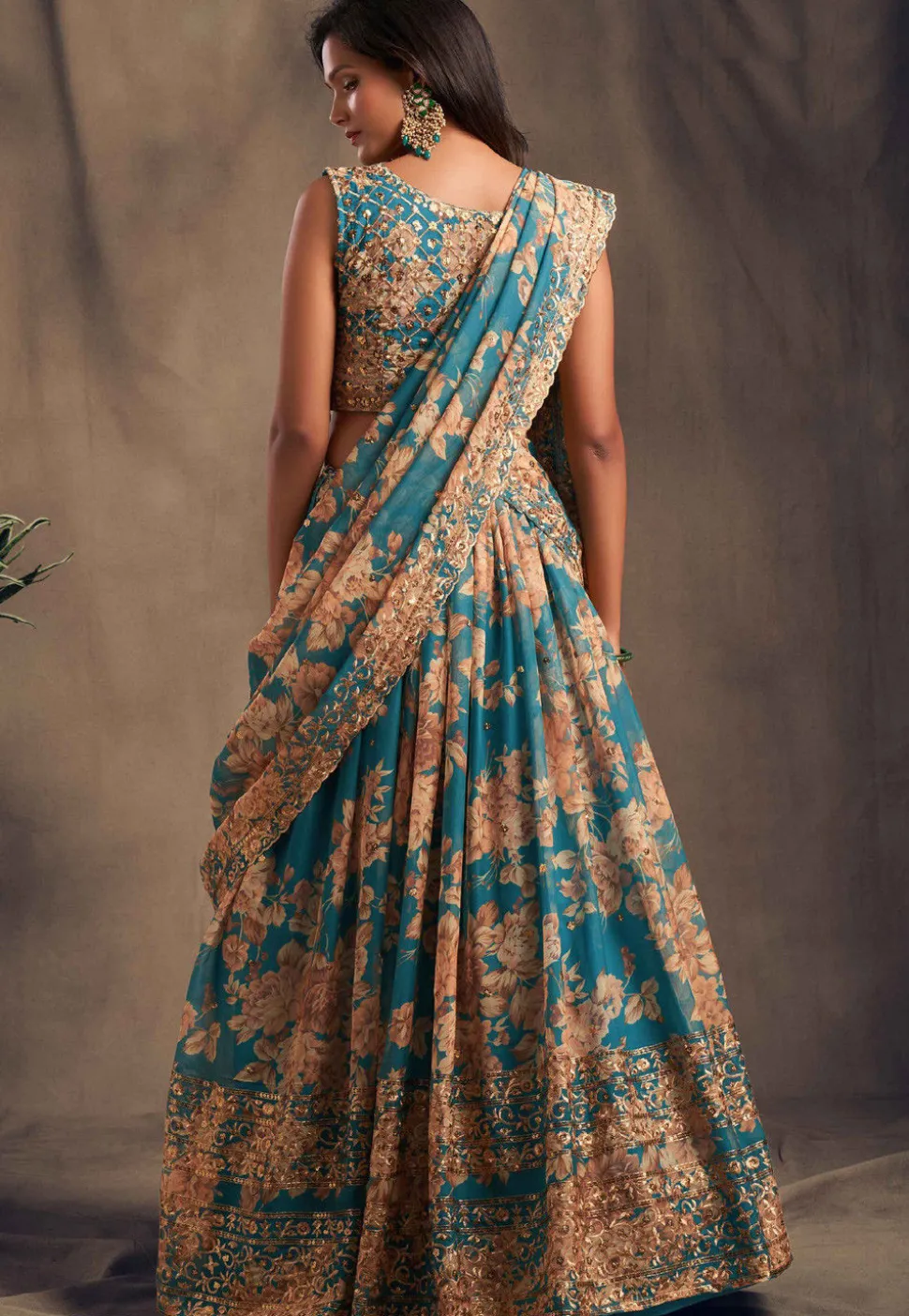 Digital Printed Organza Lehenga in Teal Blue